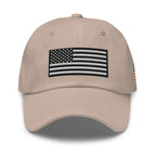 Stone dad hat, front view with Black and White American Flag embroidery
