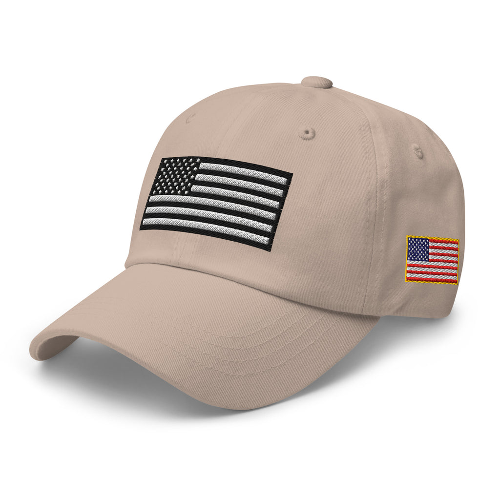 Stone dad hat, left front view with Black and White American Flag embroidery