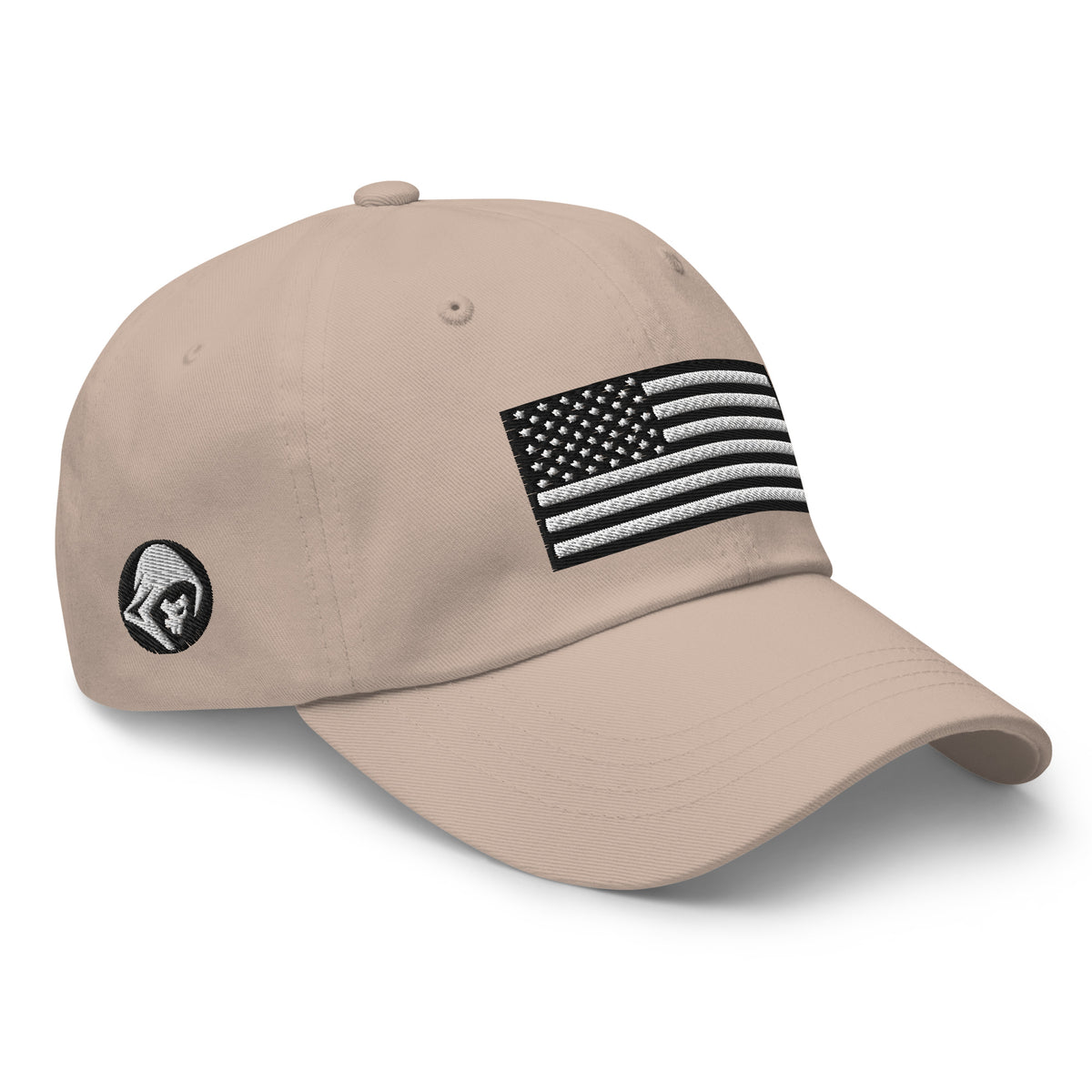 Stone dad hat, right front view with Black and White American Flag embroidery