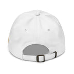 White, dad hat, with embroidered Call to Arms, back view