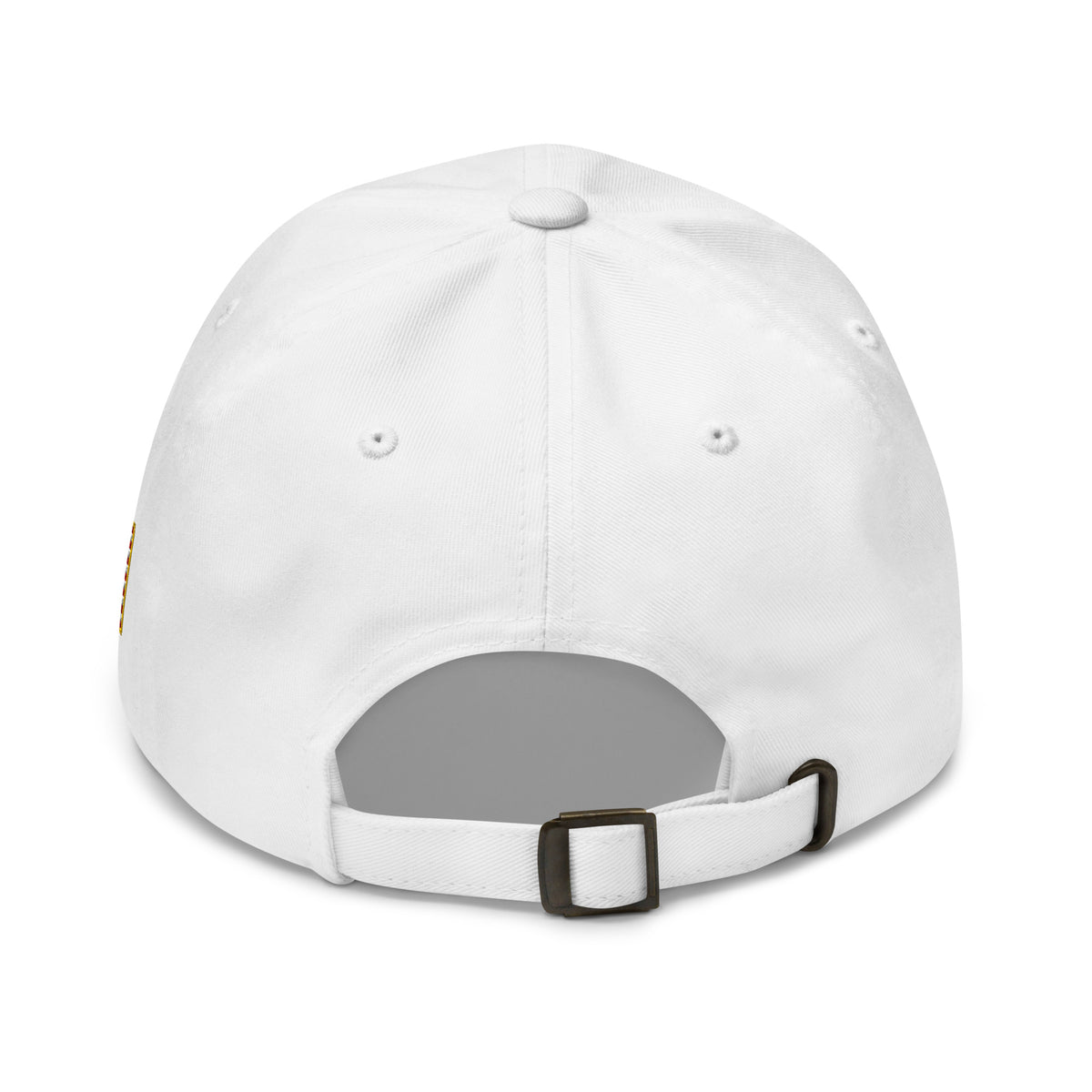 White, dad hat, with embroidered Call to Arms, back view