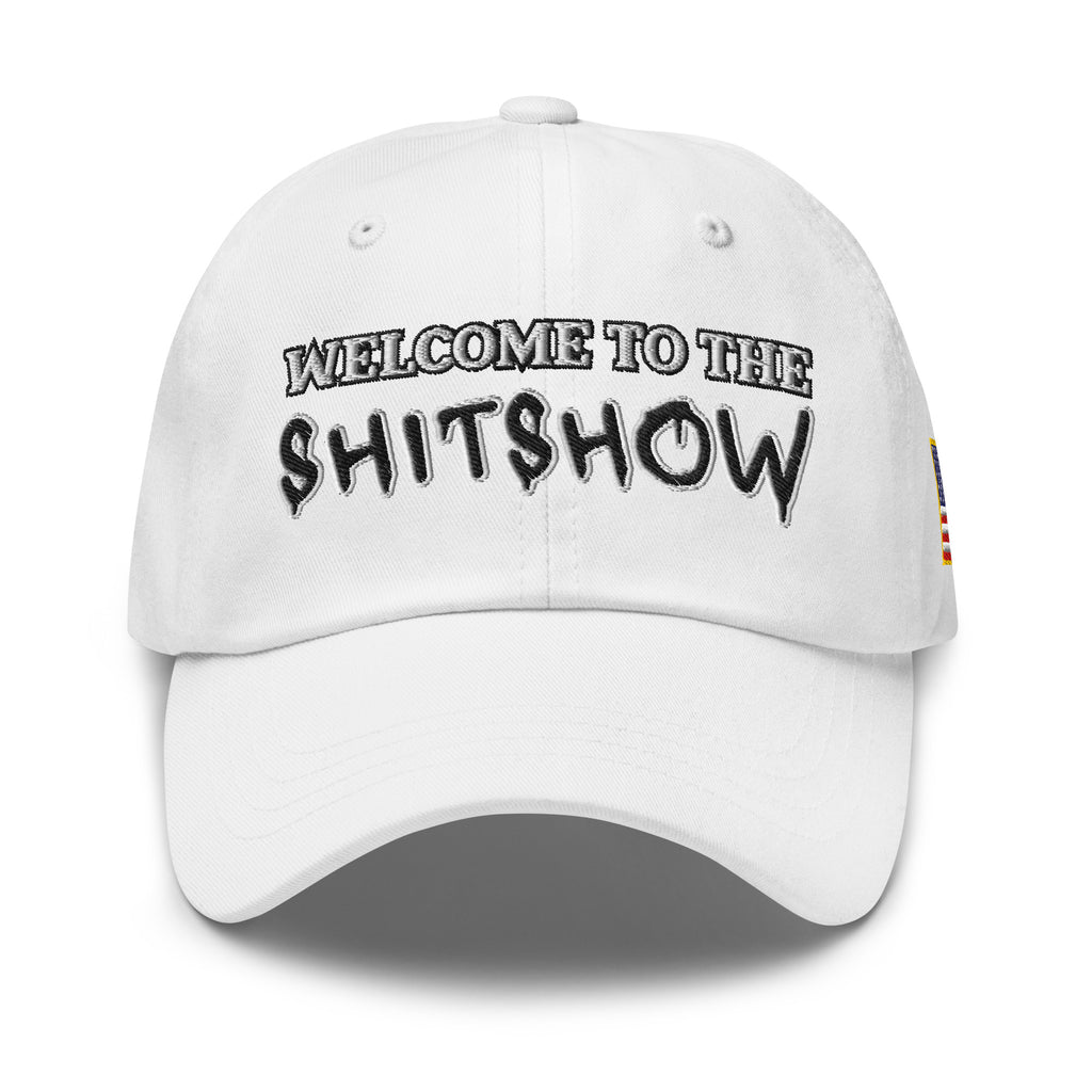 Welcome To The Shitshow Dad hat in White, front view