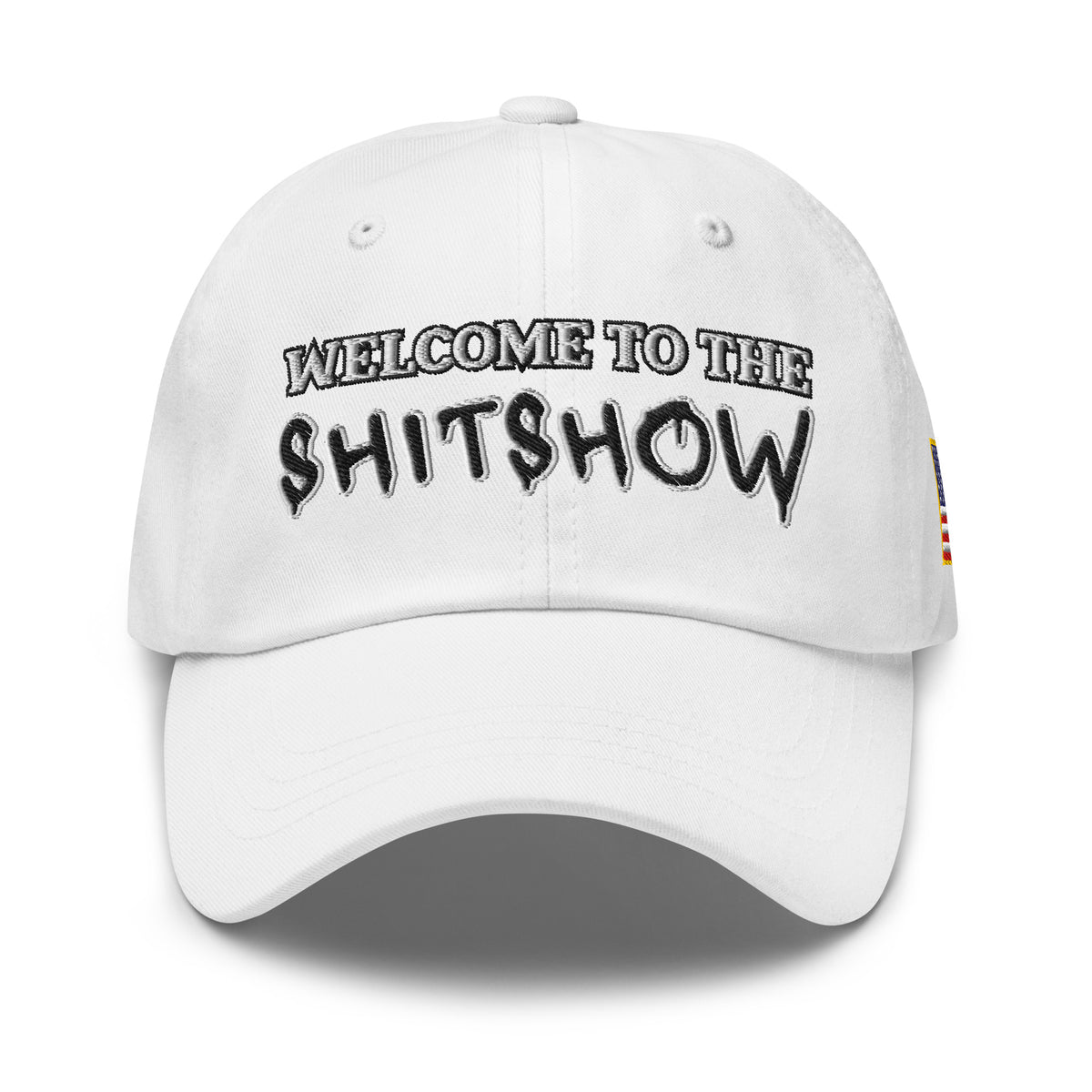 Welcome To The Shitshow Dad hat in White, front view