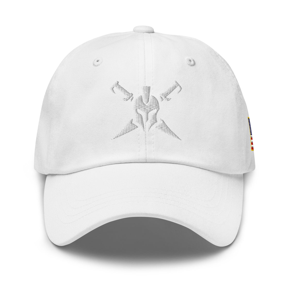 White, dad hat, with embroidered Call to Arms, front view