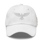 White, dad hat, with embroidered patriotic eagle crest, front view