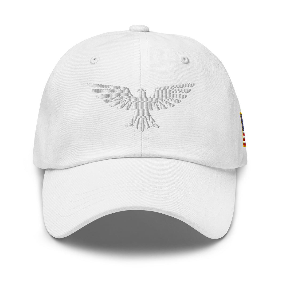 White, dad hat, with embroidered patriotic eagle crest, front view