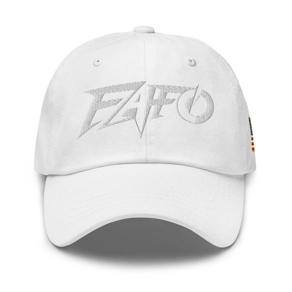 White dad hat with embroidered FAFO Power design, front view