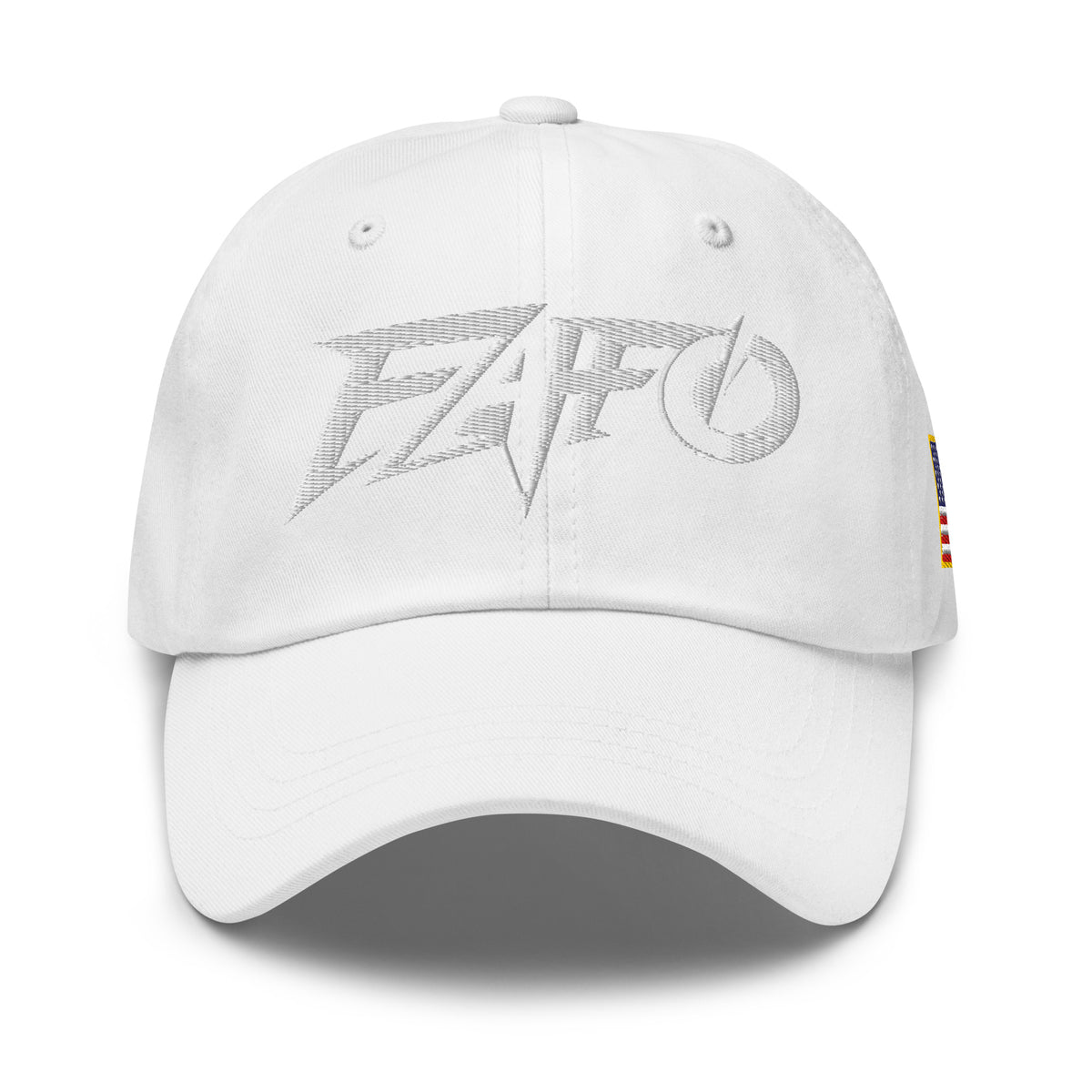White dad hat with embroidered FAFO Power design, front view