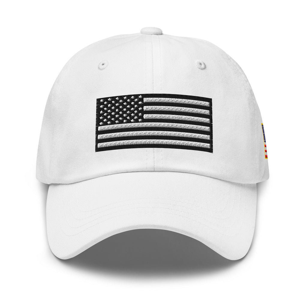 White dad hat, front view with Black and White American Flag embroidery