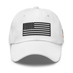 White dad hat, front view with Black and White American Flag embroidery