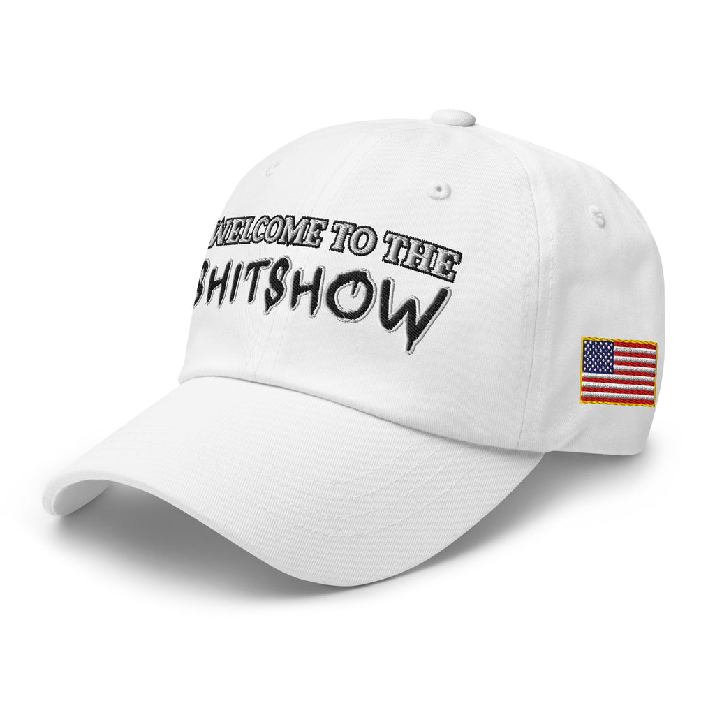 Welcome To The Shitshow Dad hat in White, left front view