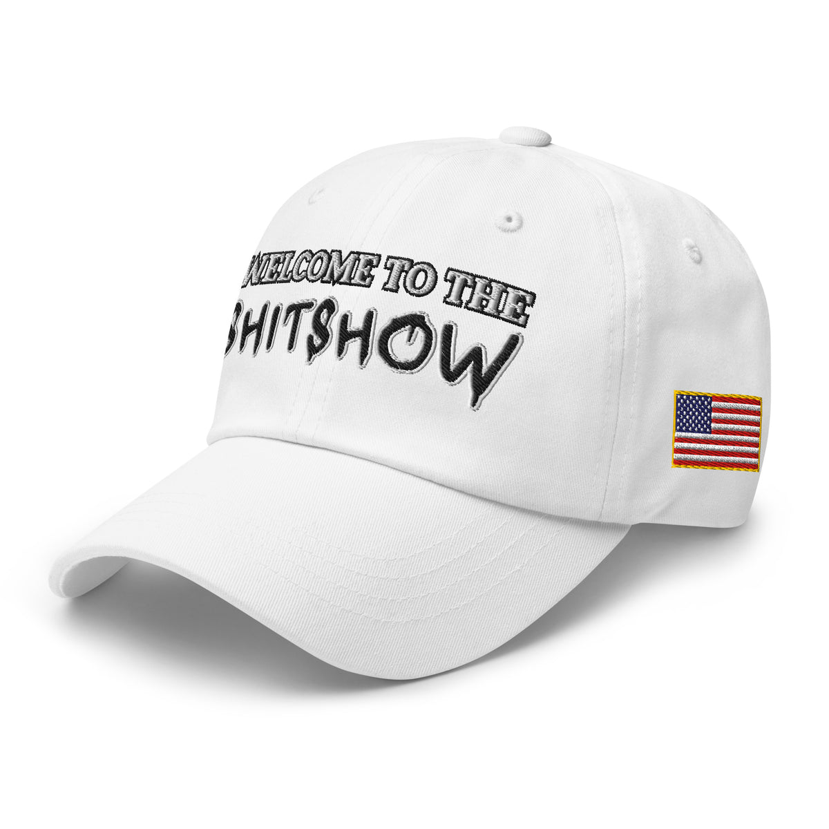 Welcome To The Shitshow Dad hat in White, left front view