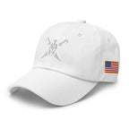 White, dad hat, with embroidered Call to Arms, left front view