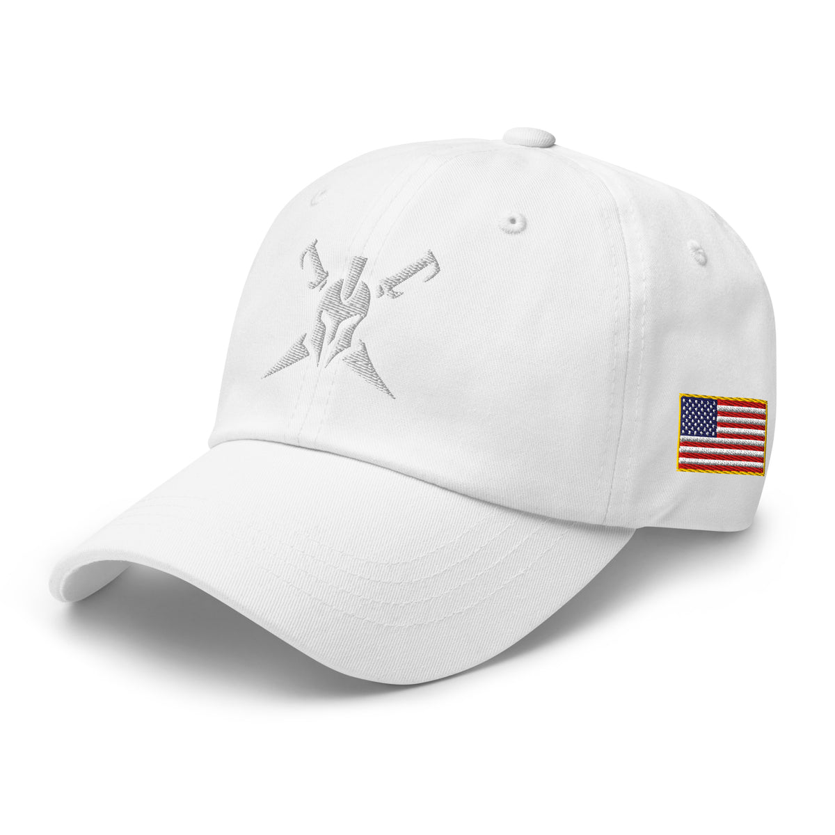 White, dad hat, with embroidered Call to Arms, left front view