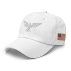 White, dad hat, with embroidered patriotic eagle crest, left front view