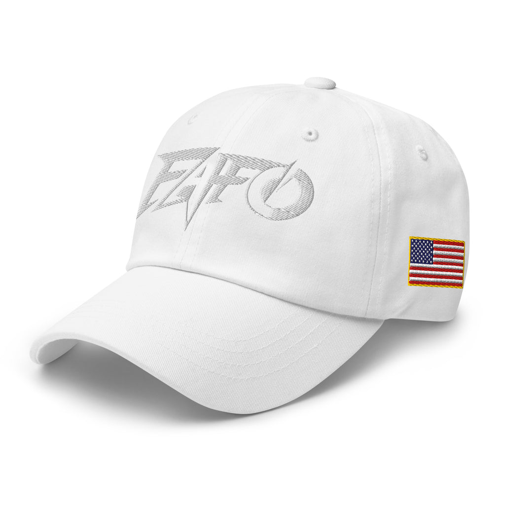 White dad hat with embroidered FAFO Power design, left front view