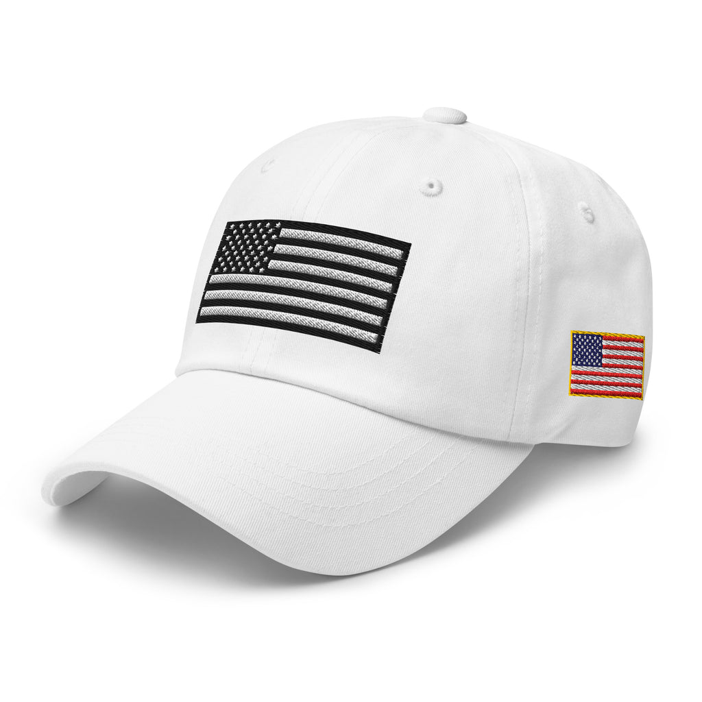White dad hat, left front view with Black and White American Flag embroidery