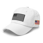 White dad hat, left front view with Black and White American Flag embroidery