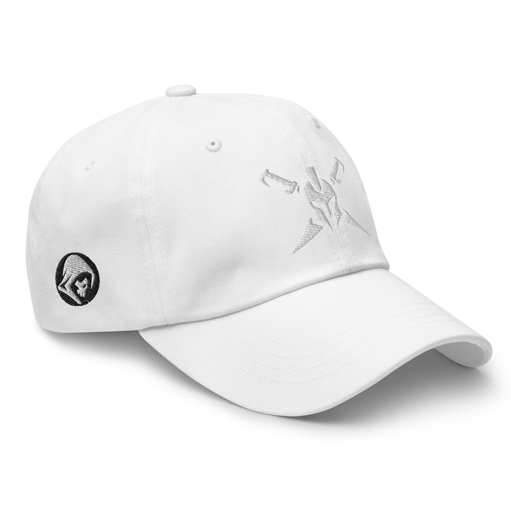 White, dad hat, with embroidered Call to Arms, right front view