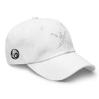 White, dad hat, with embroidered Call to Arms, right front view