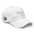 White, dad hat, with embroidered patriotic eagle crest, right front view