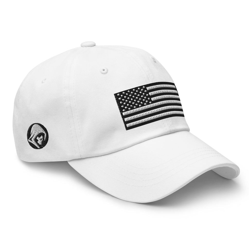 White dad hat, right front view with Black and White American Flag embroidery