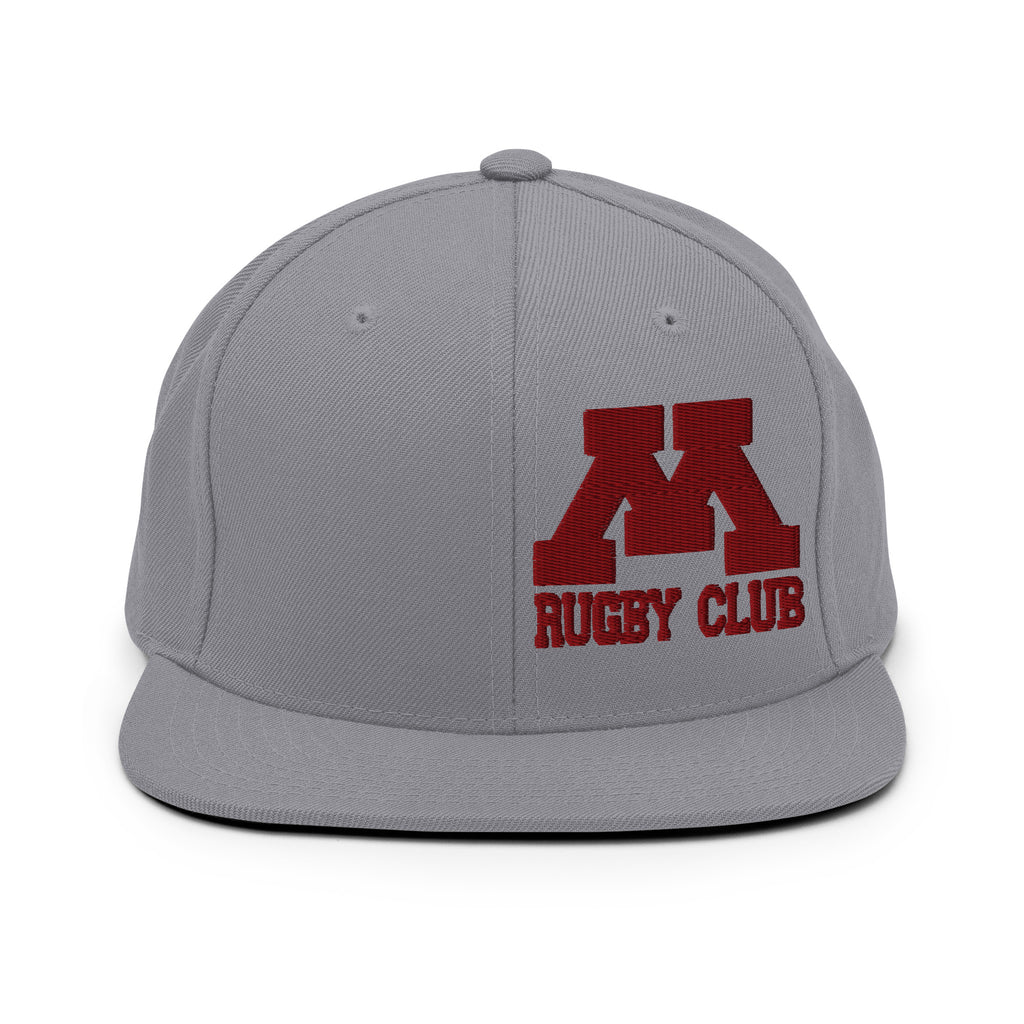M Rugby Club silver flat-brim snapback hat, front view.