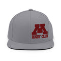M Rugby Club silver flat-brim snapback hat, front view.