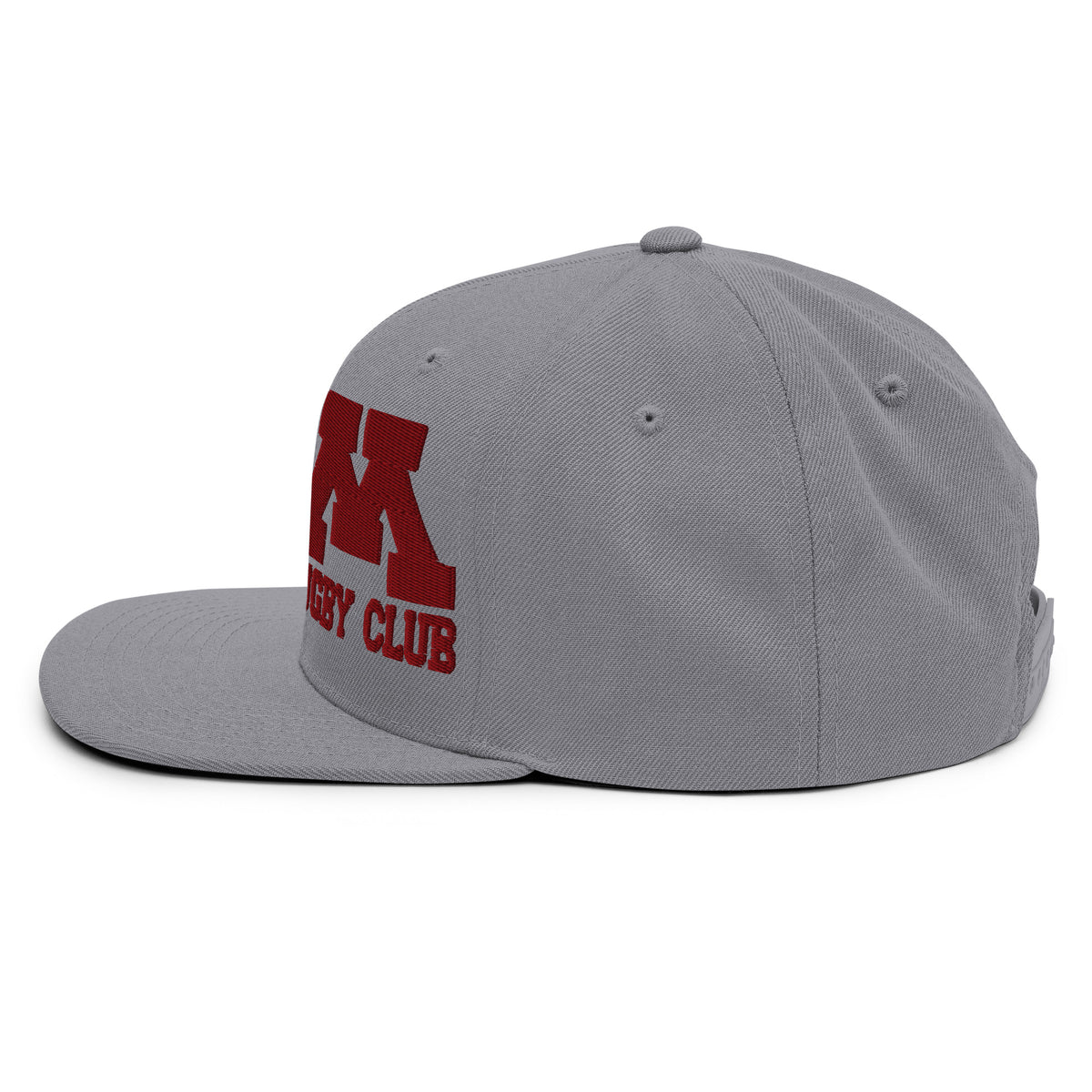 M Rugby Club silver flat-brim snapback hat, left-side view.