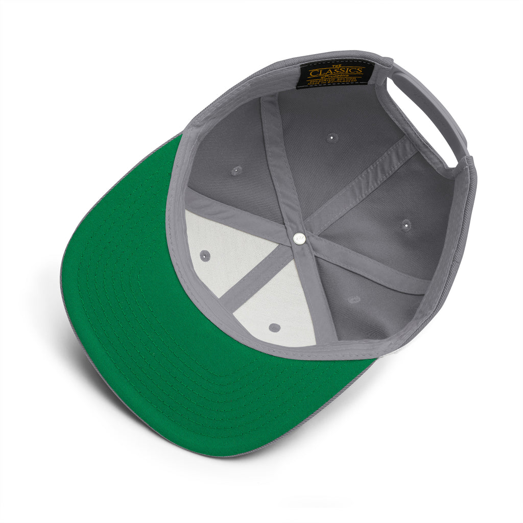M Rugby Club silver flat-brim snapback hat, detail view.