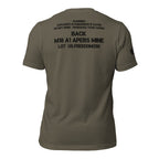 Military stencil t-shirt with Front Toward Enemy printed on the front and Claymore-inspired warning text printed on the back in faded black ink.