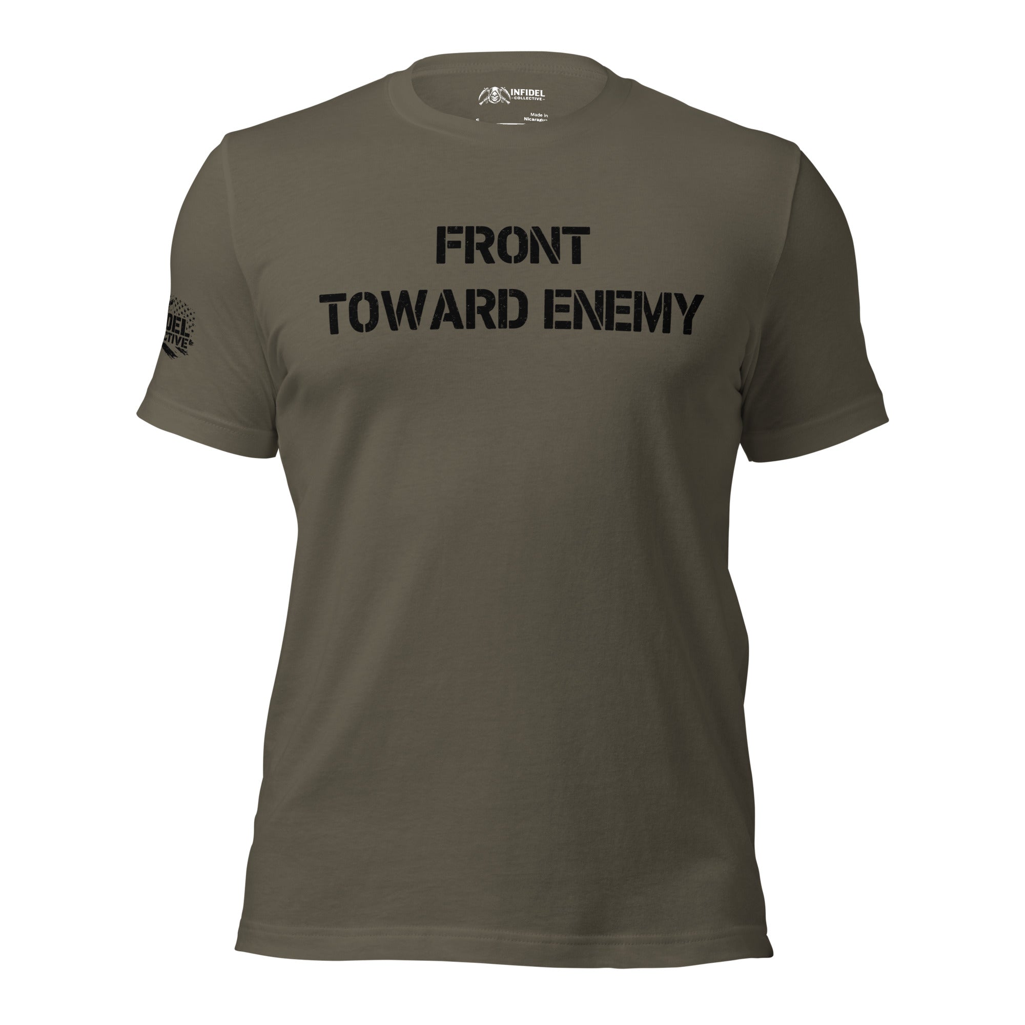 Military stencil t-shirt with Front Toward Enemy printed on the front and Claymore-inspired warning text printed on the back in faded black ink.