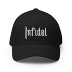 Black cap with white logo on a light gray background