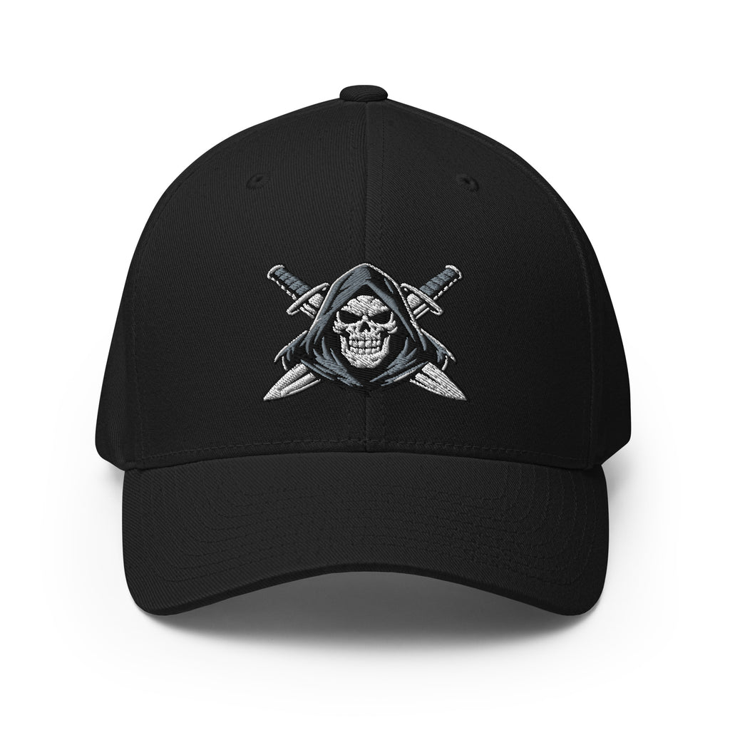 Black cap with embroidered design on a white background