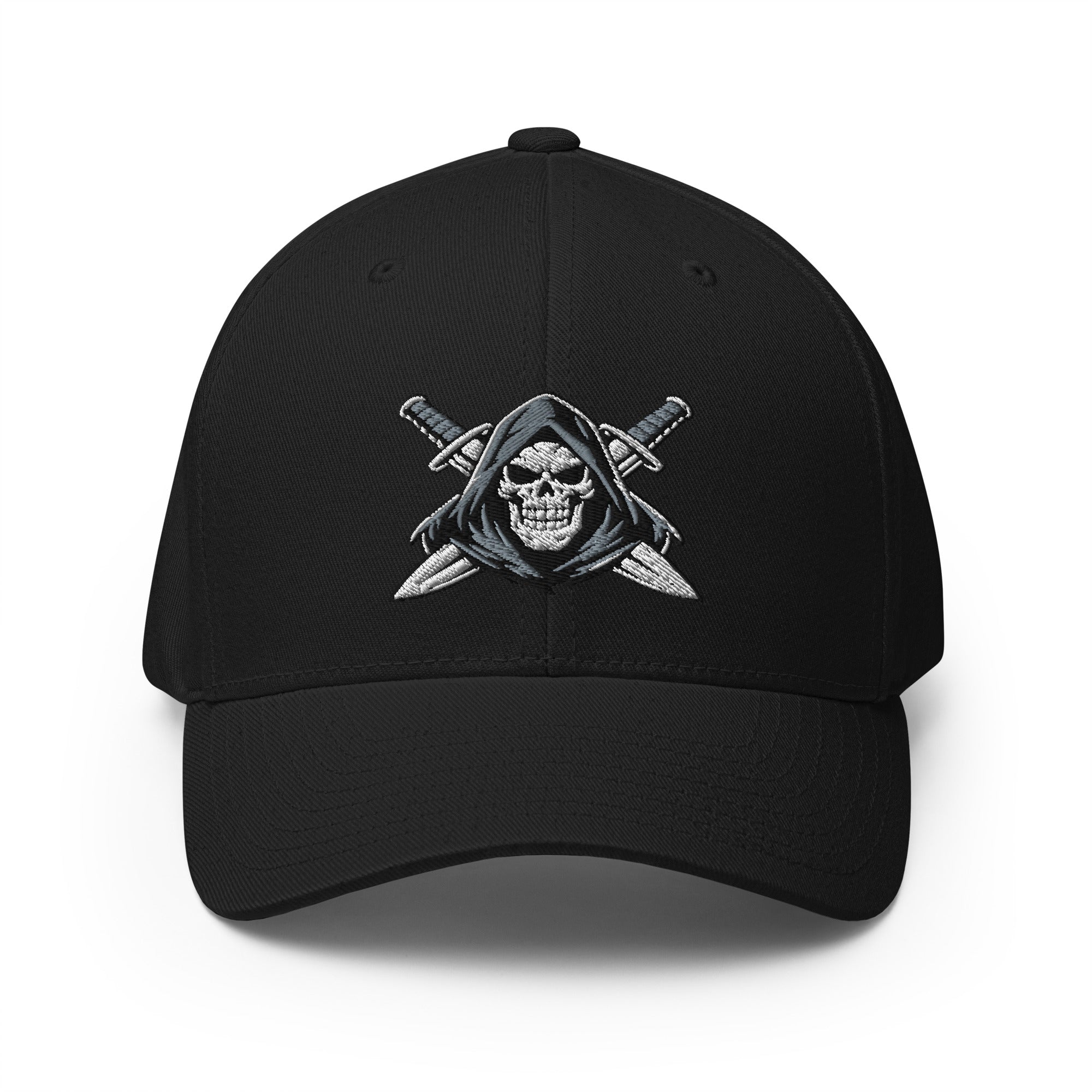 Black cap with embroidered design on a white background