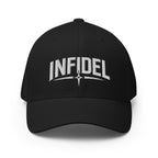 Black cap with white logo on a light gray background