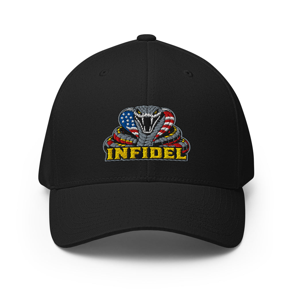Front view of black Infidel USA Flag Cobra Flexfit hat