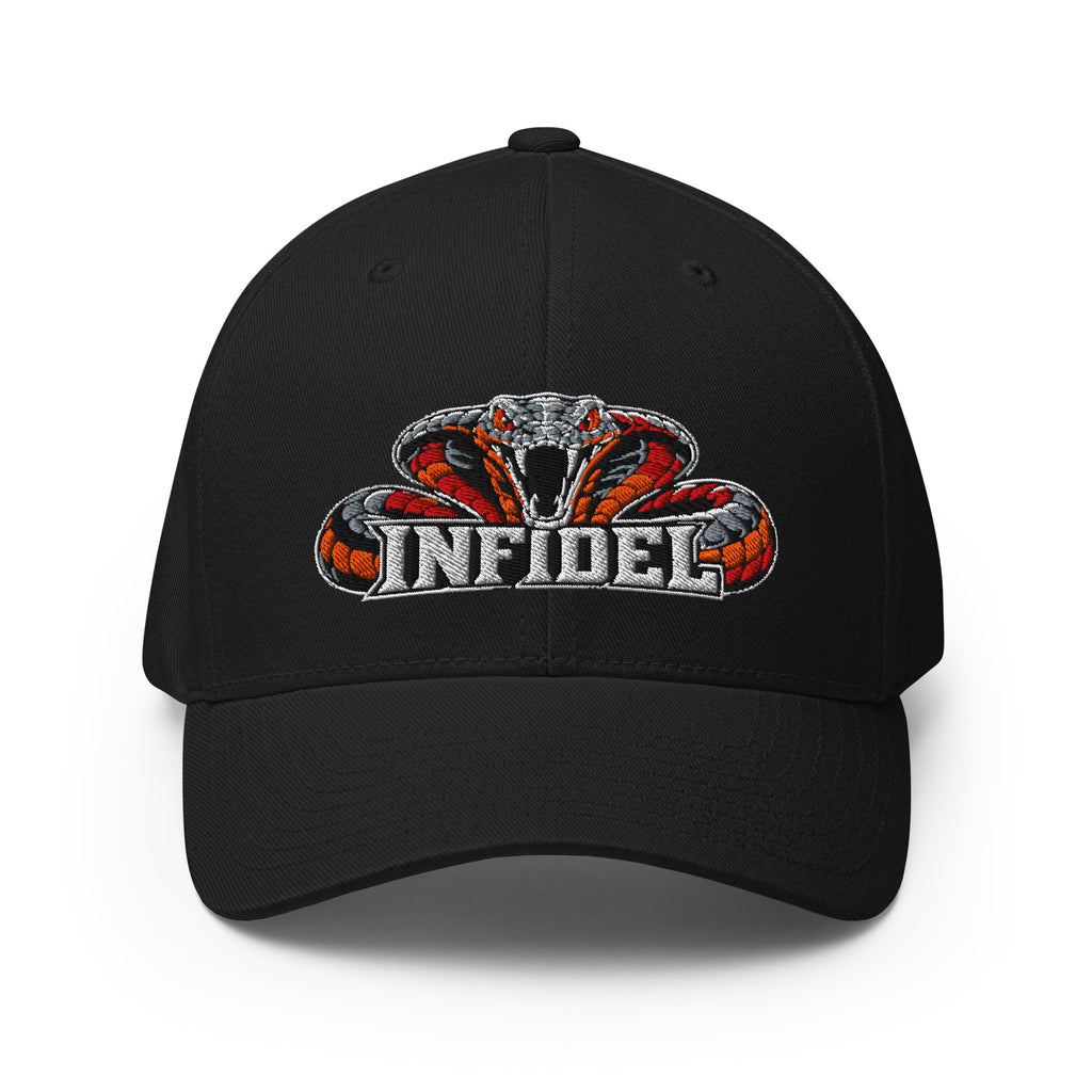 Front view of black Infidel Cobra King Flexfit hat