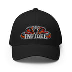 Front view of black Infidel Cobra King Flexfit hat
