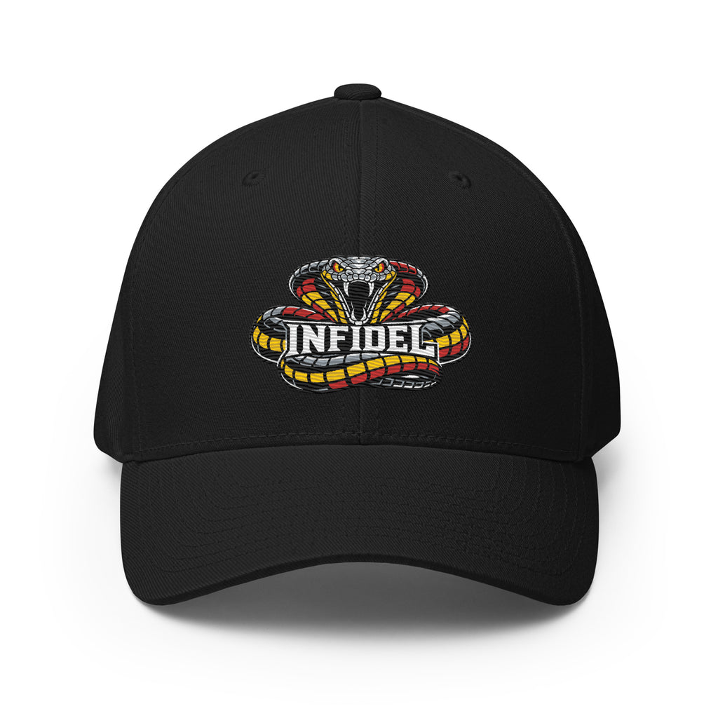 Front view of black Infidel Coiled Cobra Flexfit hat
