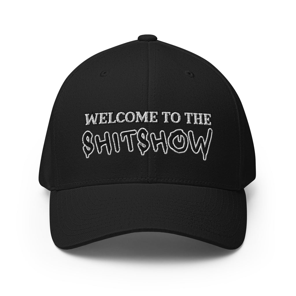 Front view of black Welcome to the Shitshow Flexfit hat