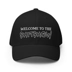 Front view of black Welcome to the Shitshow Flexfit hat