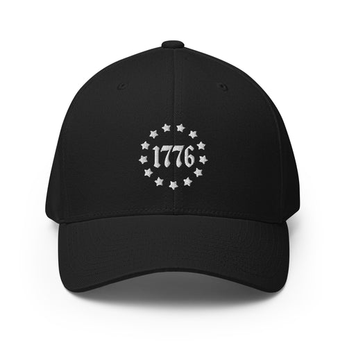 Front view of black 1776 Betsy Ross Stars Flexfit hat
