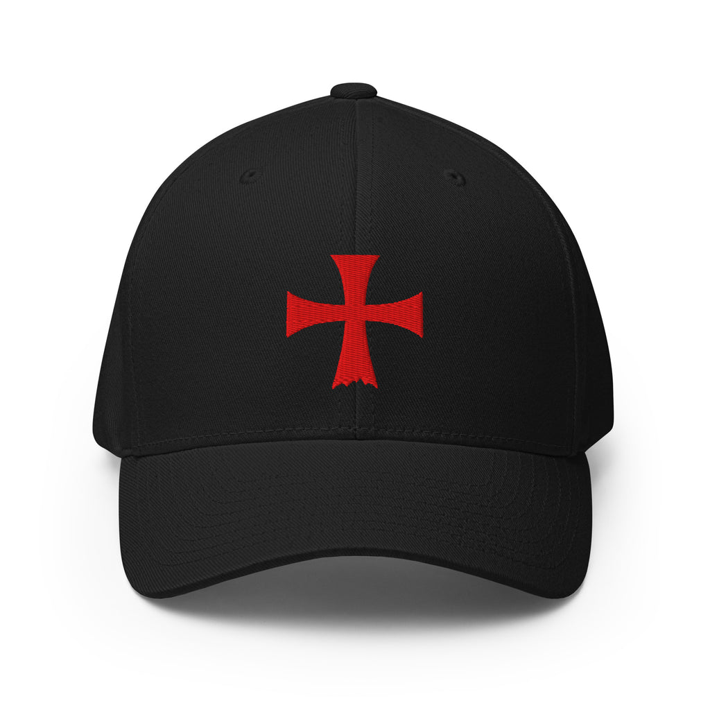Front view of black Flexfit Crimson Iron Cross hat