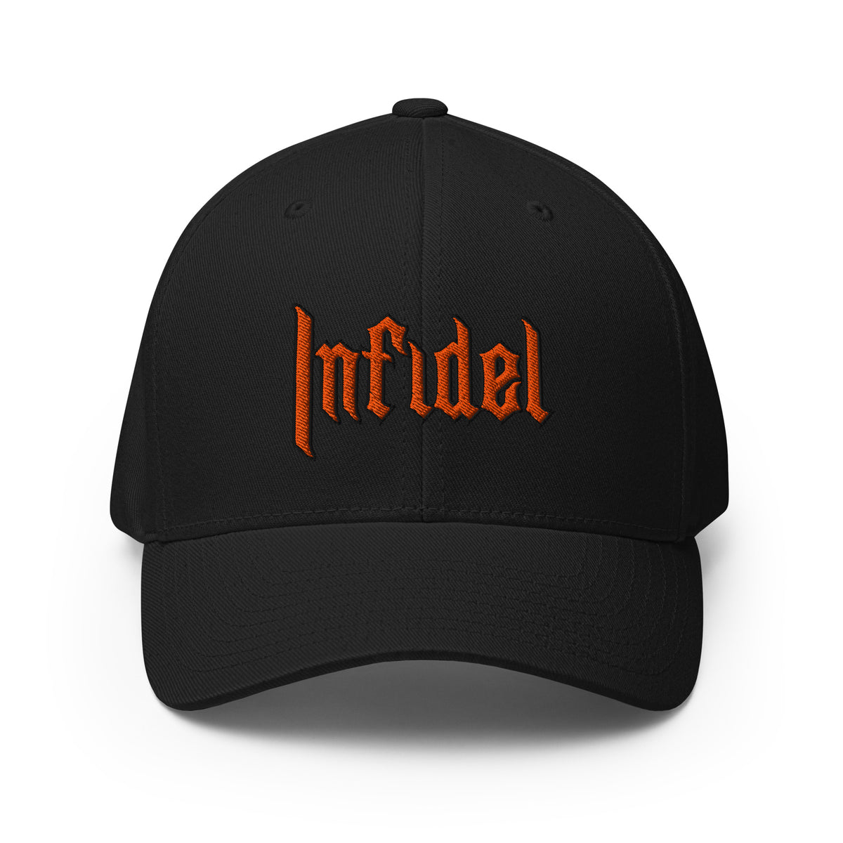 INFIDEL Orange Stitch in Black, front view