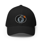 Black structured Flexfit cap with embroidered F-Bomb front design, front view