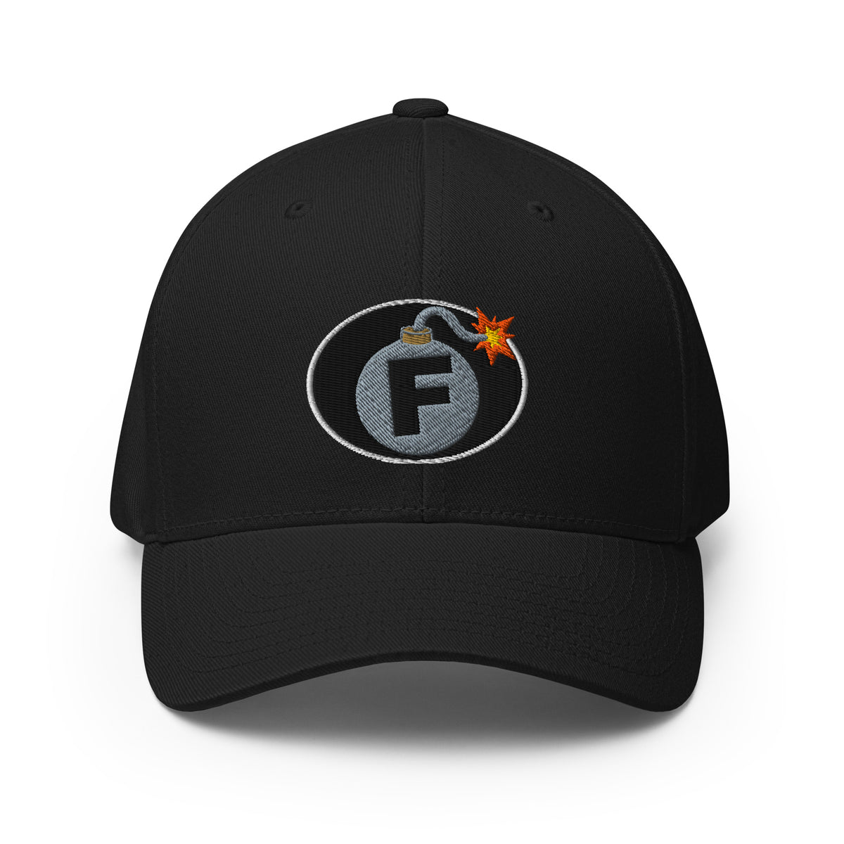 Black structured Flexfit cap with embroidered F-Bomb front design, front view