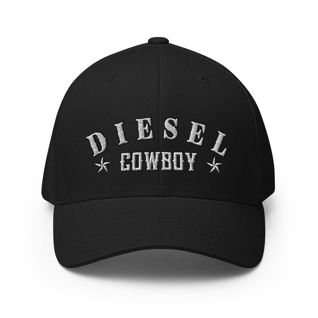 Black structured Flexfit cap with embroidered Diesel Cowboy front design, front view