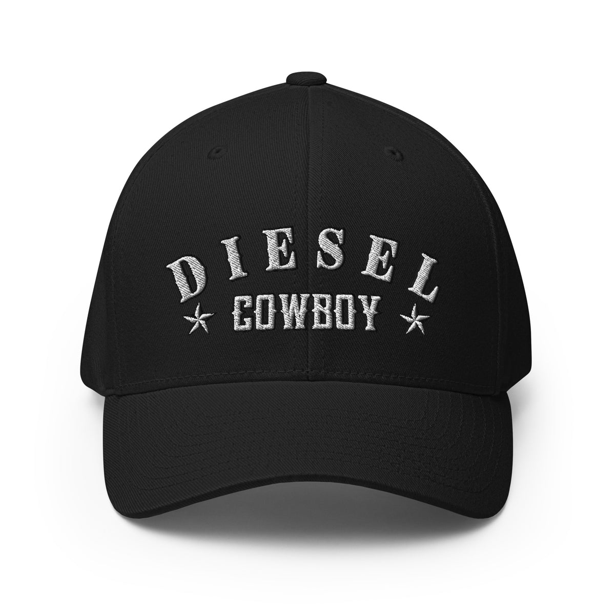 Black structured Flexfit cap with embroidered Diesel Cowboy front design, front view