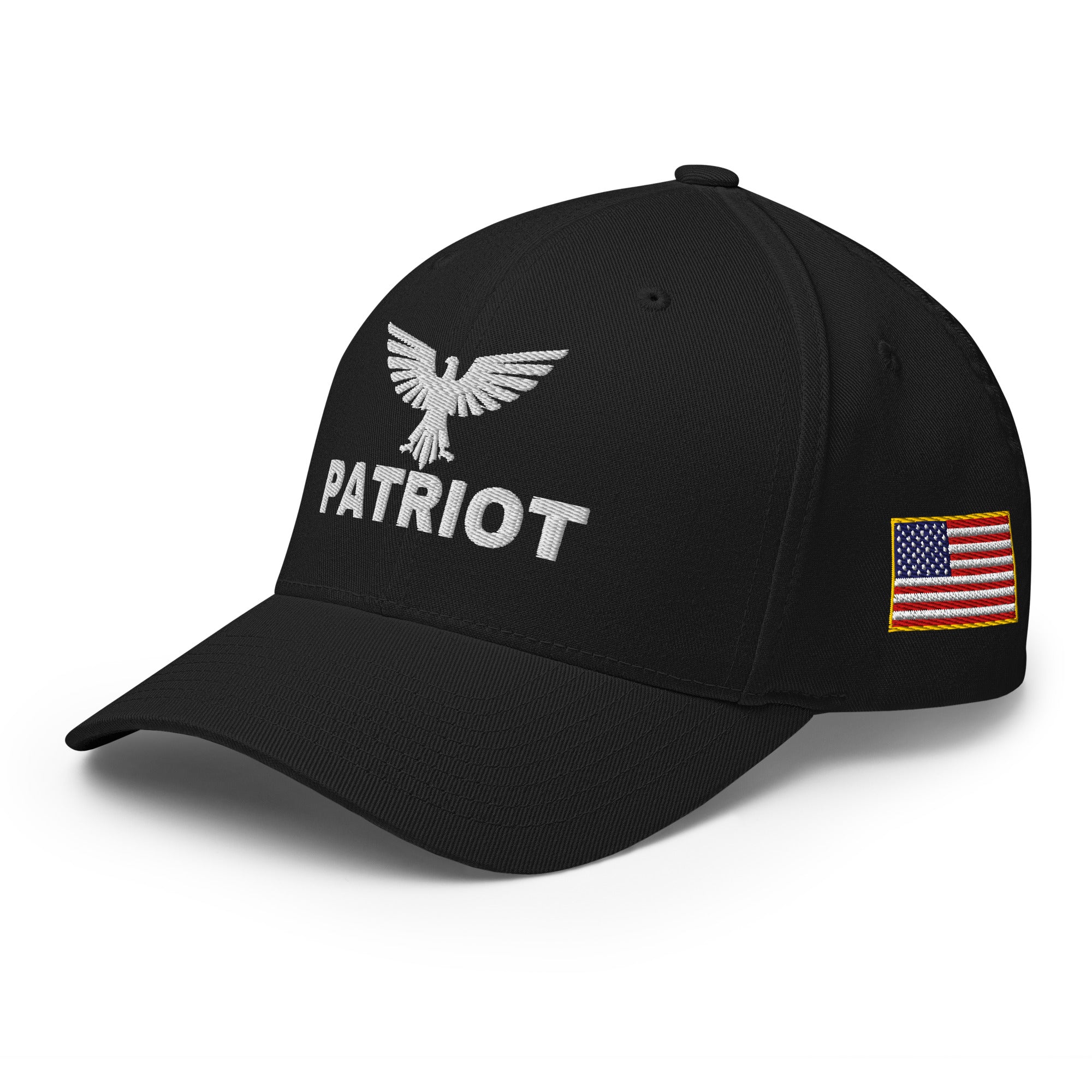 Black cap with 'Patriot' text and eagle emblem on a white background